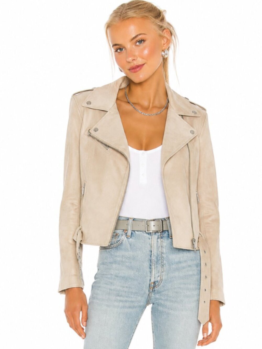Beige Faux Suede Moto Biker Jacket Cropped Women’s